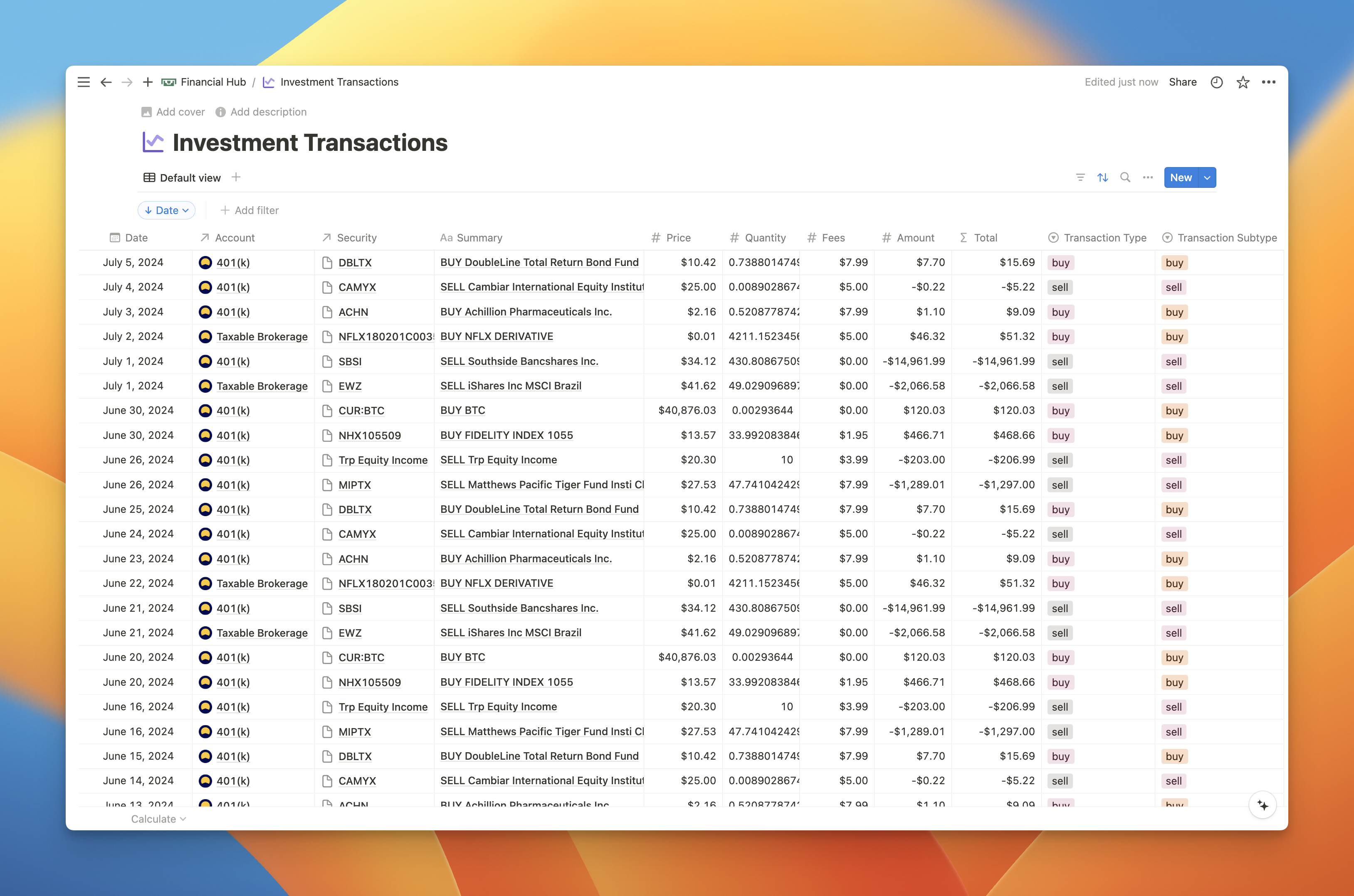 Investment transactions in Notion